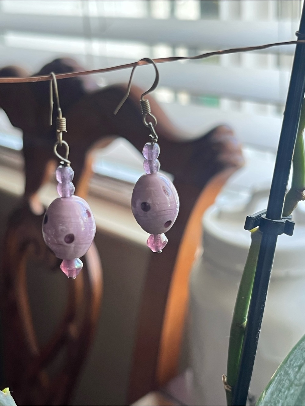 Lavender lampwork Glass Bead Dangle Earrings with Pink Accent